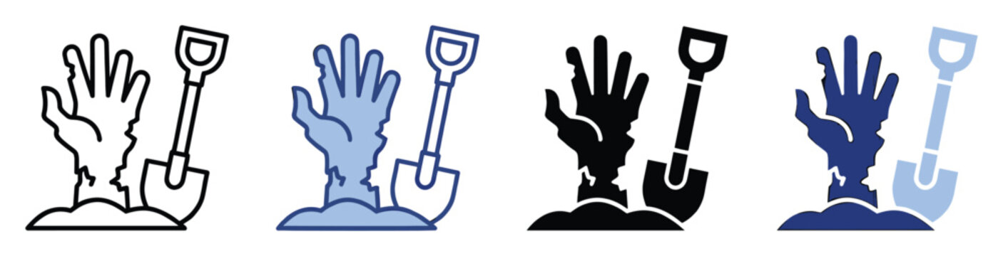 Spooky zombie hand reaching out of grave next to a shovel for Halloween horror projects