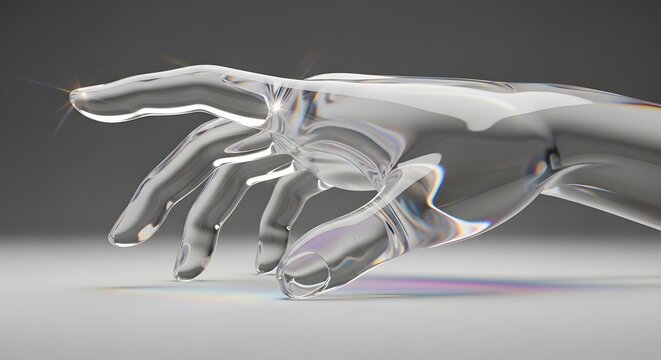 Transparent glass hand on a neutral surface. Futuristic technology and AI concept. Artificial hand reaching forward with light reflections.
