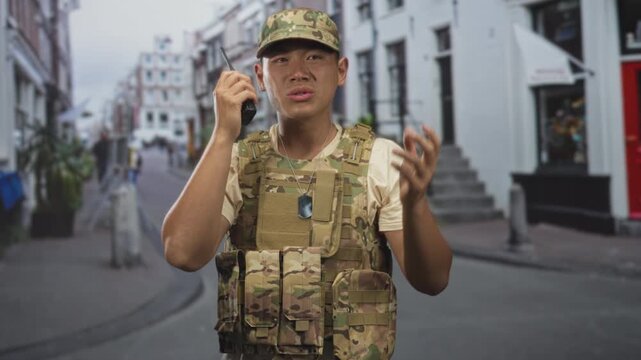 Man soldier in army uniform holds radio to ear with raised hand on street, dog tags and camo vest visible; concern duty.