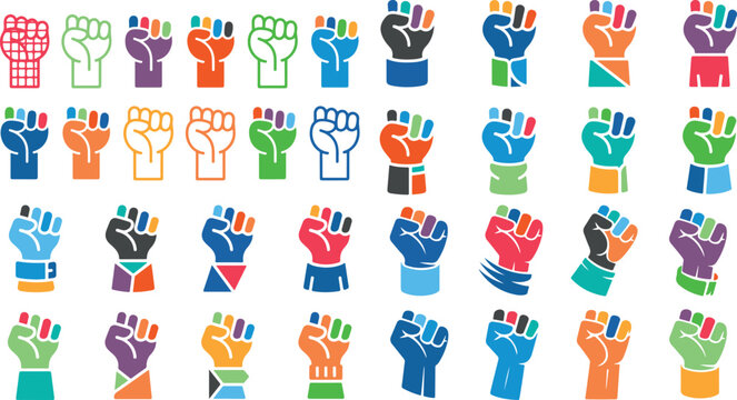 Collection of colorful raised fists in various designs and patterns