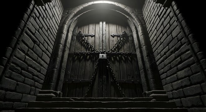 A large wooden door with chains and a lock in a stone archway