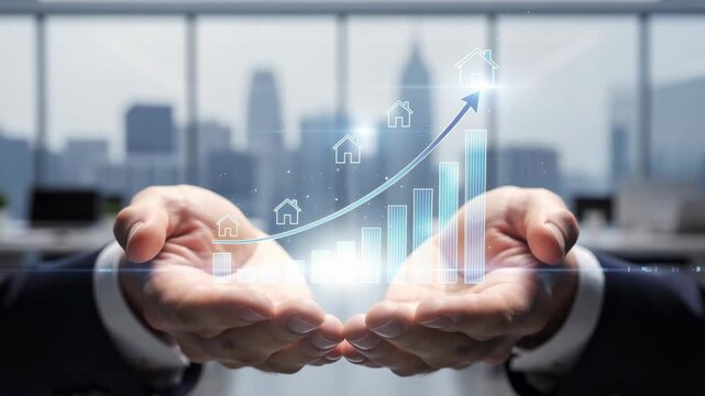 Businessman holding rising real estate growth chart with house icons and increasing bar graph in office