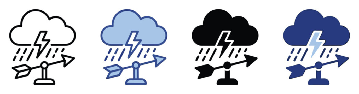 Stormy weather condition symbol featuring cloud rain lightning and wind vane for meteorology application