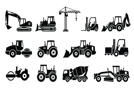 collection of construction vehicles and equipment isolated on transparent background
