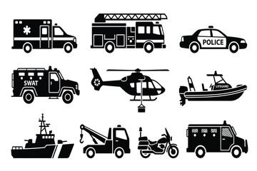 Collection of emergency and service vehicles icons isolated on transparent background © Rashedul Haque Sakib