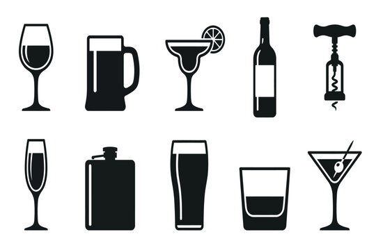 Collection of various alcoholic drink icons isolated on transparent background