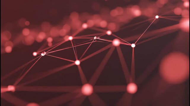 An abstract image showcases a network of interconnected nodes and lines against a blurred red background, suggesting complex systems and data relationships.