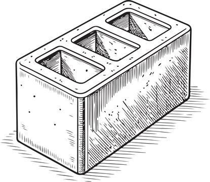 Brick Cinder Block Construction Hand-drawn Sketch Drawing Vector Illustration, Line Linear Symbol Black and White Engraving, Isolated