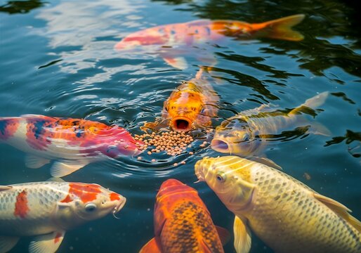 Vibrant Assortment of Colorful Koi Fish Swimming and Eating Pellets in a Pond