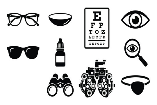eye care and vision icons including glasses, eye chart, and optometrist tools isolated on transparent background