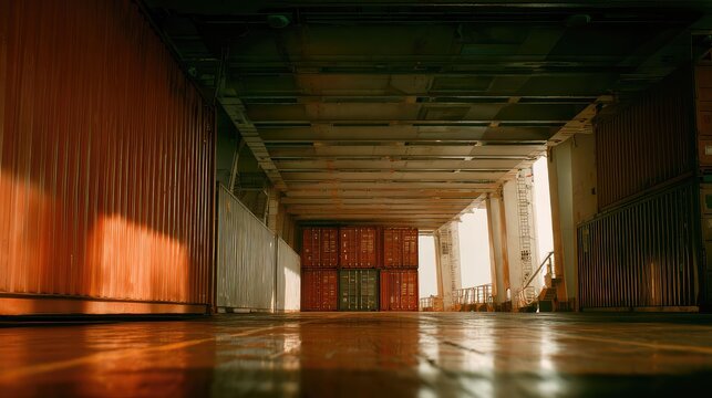 Storing shipping containers inside large cargo vessel for global transport