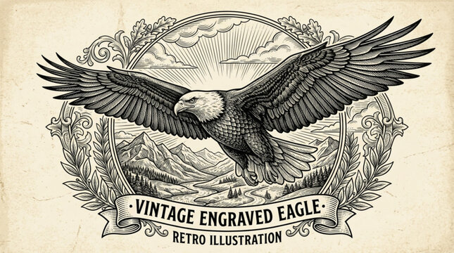 Vintage engraved eagle illustration with mountains and banner retro style graphic resource