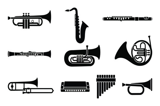 Set of eight musical brass and woodwind instruments icons isolated on transparent background