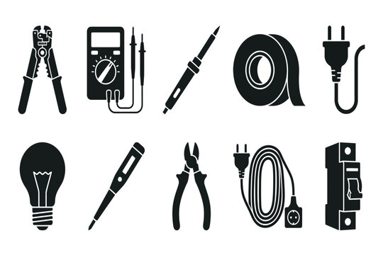 set of black electrical tools and equipment isolated on transparent background