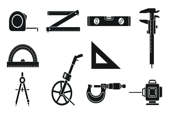 collection of black construction and drafting tools isolated on transparent background