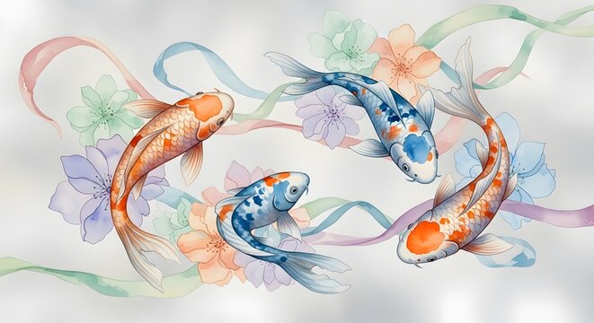 Koi fish swimming among cherry blossoms with colorful ribbons