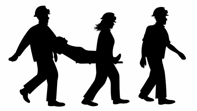 Paramedics and firefighter carrying stretcher with patient in black silhouette vector