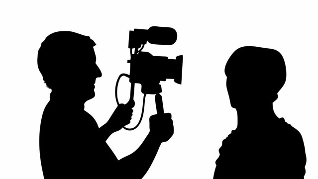 Silhouette of videographer recording interview with camera and subject in black