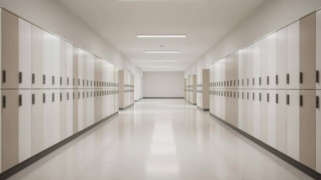 Empty modern school hallway with rows of lockers and bright lighting in a clean educational building