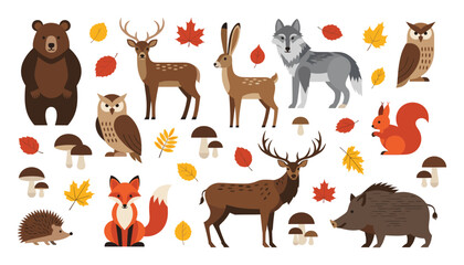 Fototapeta premium Woodland animals and autumn foliage for seasonal nature projects and educational materials
