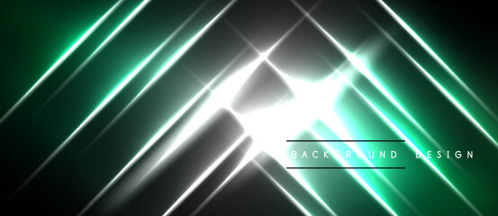 Naklejka premium Abstract design features bright lines, gradients, light effects. Dark background contrasts vibrant green, silver hues. Modern, dynamic composition.