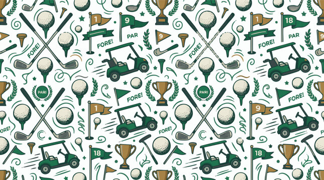 Seamless golf pattern with golf carts, clubs, balls, flags, and trophies in a repeating design