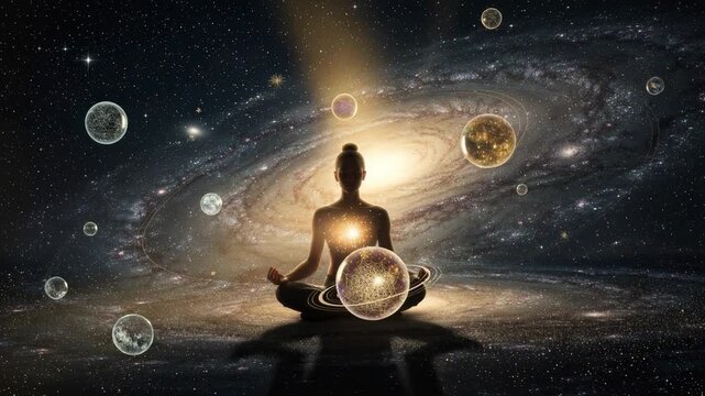 Meditating person surrounded by cosmic galaxy and planets symbolizing inner peace and universal connection