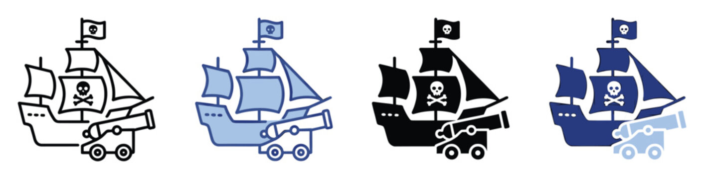 Pirate ship icons with Jolly Roger flag and cannon for adventure and game assets