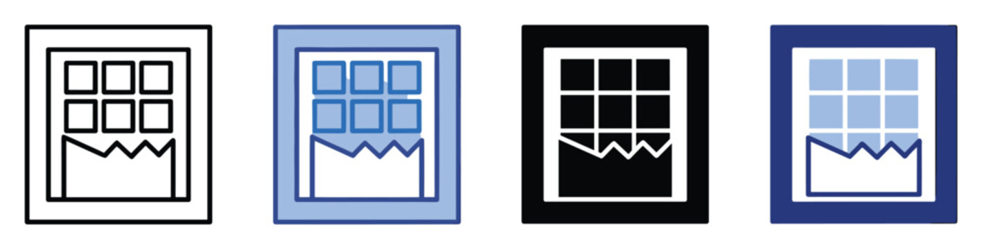 Business analytics screen icon with data grid and fluctuating line graph for statistical report presentations