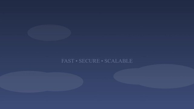 Minimalist corporate motion graphic, fast secure scalable text on dark blue background, professional technology business animation for web hosting