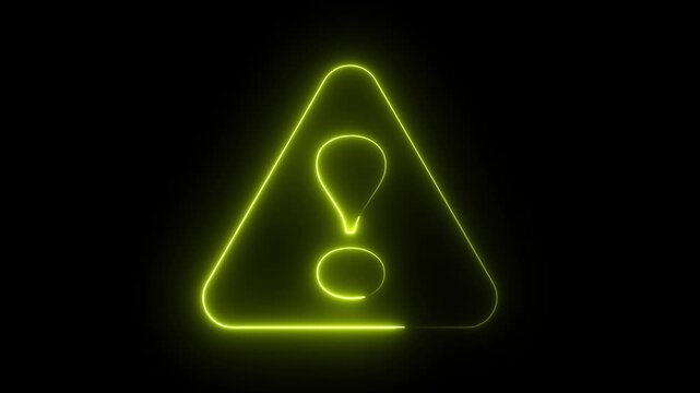 Glowing neon yellow color warning attention sign icon animation danger risk alert error stop signal emergency hazard problem issue sign symbol on black background