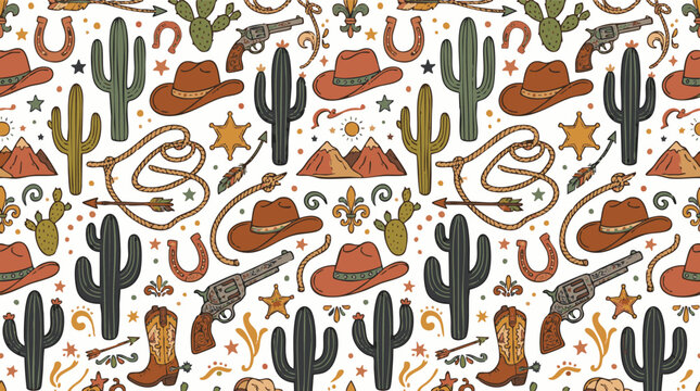 Western-themed seamless vector pattern design with cowboy hats, cacti, horseshoes, and lassos, evoking a rustic frontier spirit