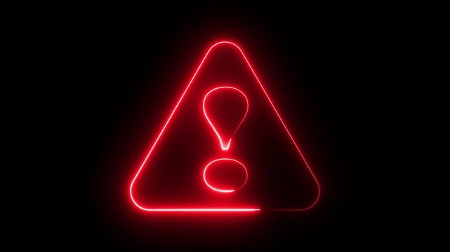 Glowing neon red color warning attention sign icon animation danger risk alert error stop signal emergency hazard problem issue sign symbol on black background