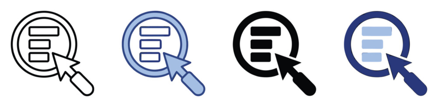 Searching through list menu options using a magnifying glass and mouse cursor for interactive user interfaces.