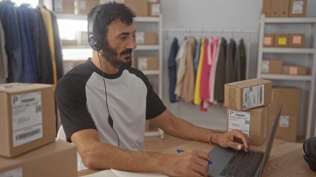 Man with headset gestures with hands over laptop and stacked shipping boxes in a small business building; customer support frustration.