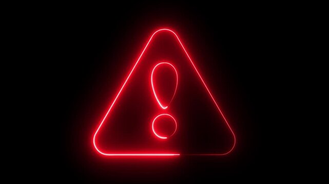 Glowing neon red color warning attention sign icon animation danger risk alert error stop signal emergency hazard problem issue sign symbol on black background