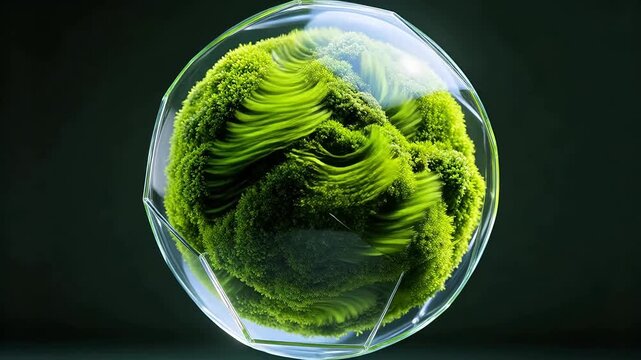 Transparent geometric container holding green plants in darkness