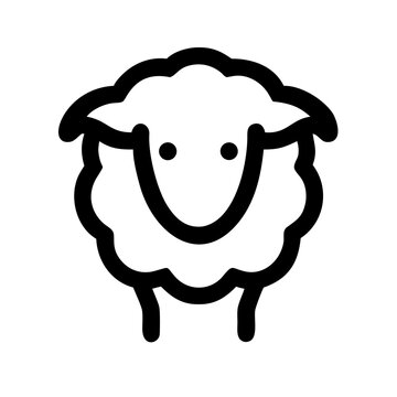 Simple cartoon sheep with smiling face - A cheerful, stylized black and white cartoon sheep icon with a friendly smile for cheerful and playful projects.