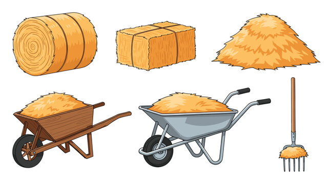 Assorted hay bales, natural hay pile, farm wheelbarrows, and hay fork for agricultural designs