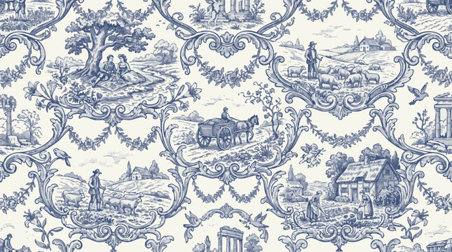 Classic Blue and White Toile de Jouy pattern with pastoral scenes, elegant wallpaper design