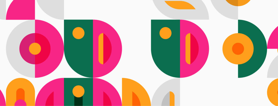 Geometric shapes repeat. Pink, green, orange hues dominate design. Minimalist pattern creates playful visual texture.