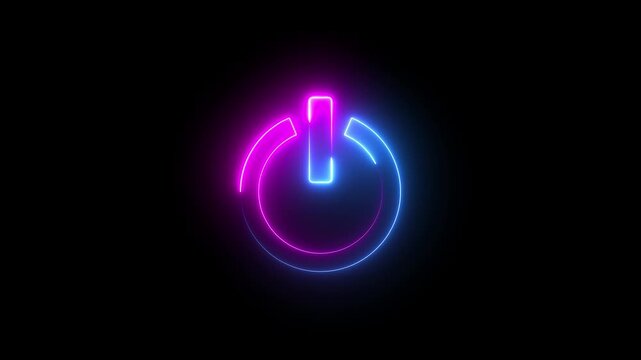  Glowing neon pink and blue color power button icon animation technology shutdown screen turn on off button stop startup computer and mobile phone electric futuristic on black background