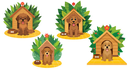 Fototapeta premium Cute cartoon dog house vector set, brown puppy sitting in wooden kennel with green leaves, pet care illustration collection with food bowls