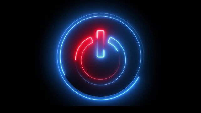  Glowing neon red and blue color power button icon animation technology shutdown screen turn on off button stop startup computer and mobile phone electric futuristic on black background
