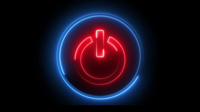  Glowing neon red and blue color power button icon animation technology shutdown screen turn on off button stop startup computer and mobile phone electric futuristic on black background