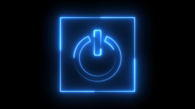  Glowing neon blue color power button icon animation technology shutdown screen turn on off button stop startup computer and mobile phone electric futuristic on black background