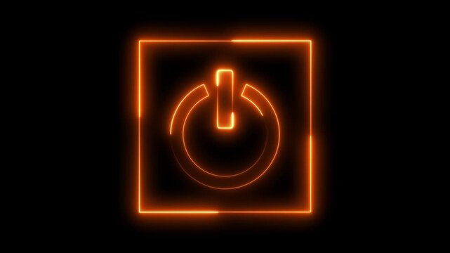  Glowing neon orange color power button icon animation technology shutdown screen turn on off button stop startup computer and mobile phone electric futuristic on black background