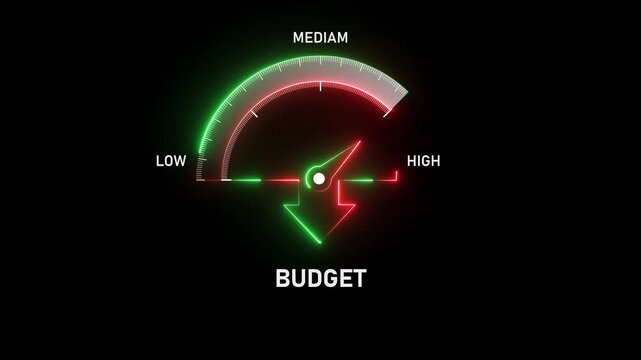 Budget low level concept illustration with barometer or tachometer meter on black background. Motion graphics of budget meter level concept