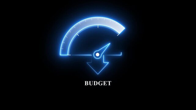 Budget low level concept illustration with barometer or tachometer meter on black background. Motion graphics of budget meter level concept