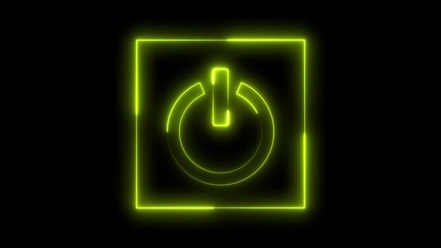  Glowing neon yellow color power button icon animation technology shutdown screen turn on off button stop startup computer and mobile phone electric futuristic on black background